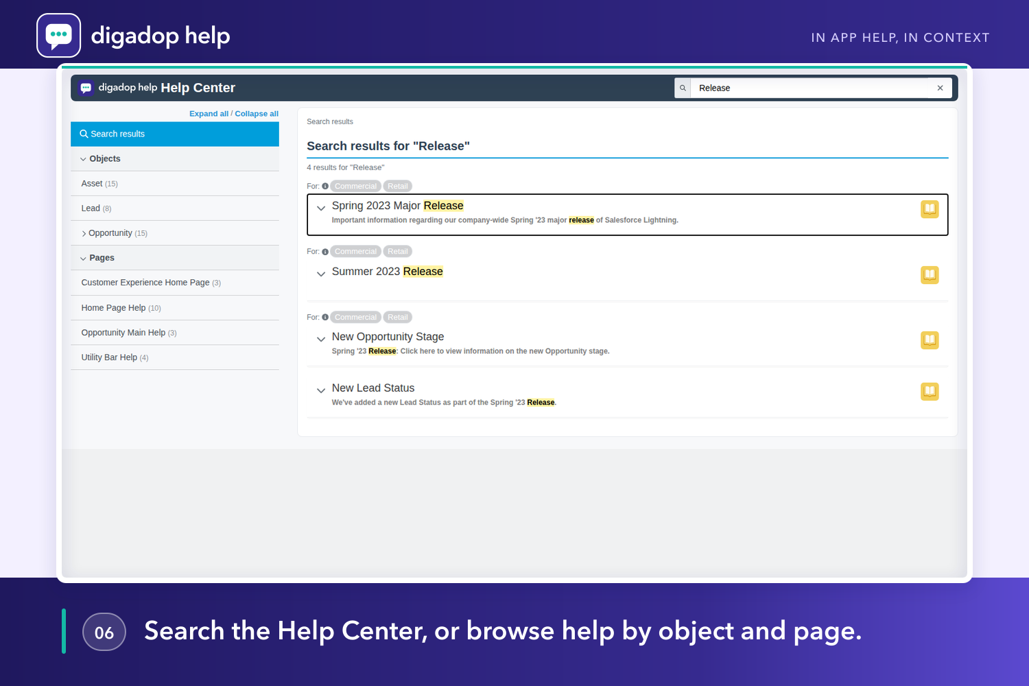 Help Center search results for Release: four articles, with a left rail of objects and pages.